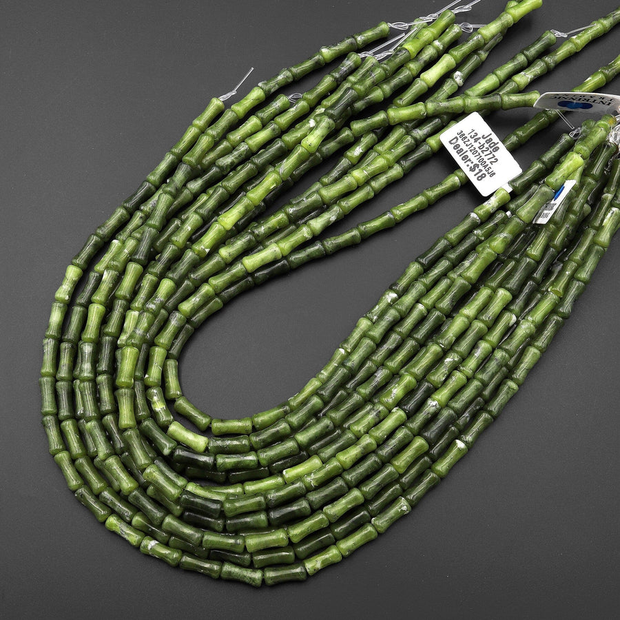 Natural Russian Green Serpentine Jade Carved Bamboo Stem Tube Beads 15.5" Strand