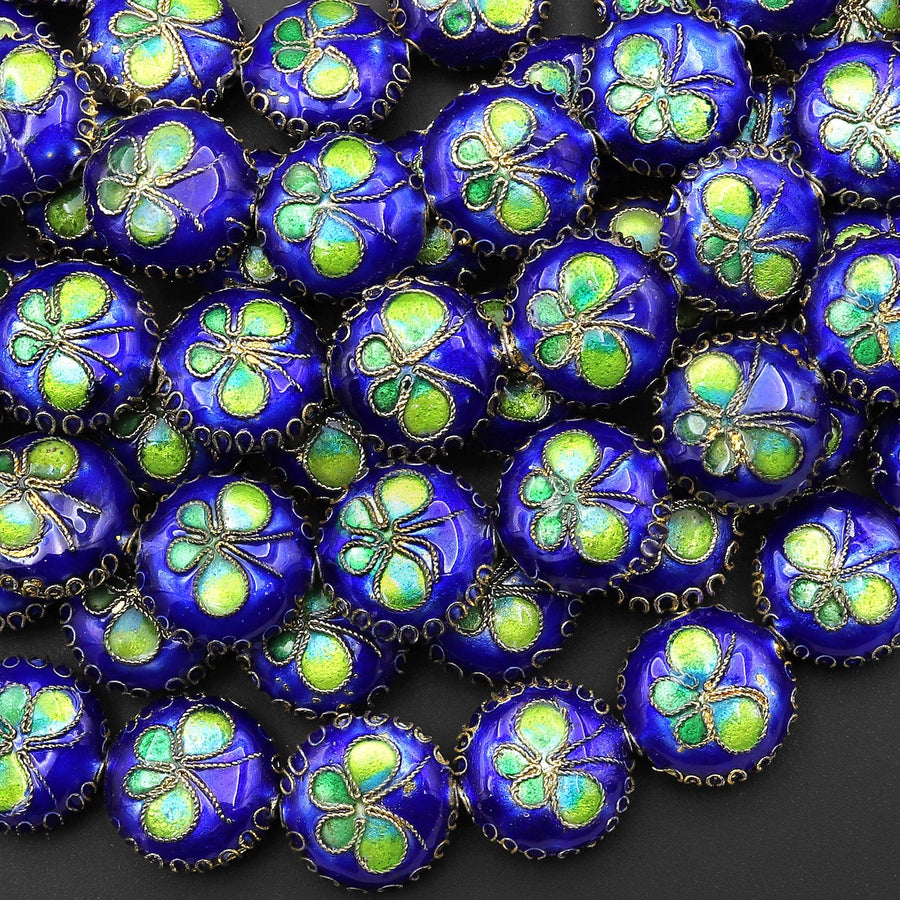 Blue Green Butterfly Cloisonné Coin Beads 15mm Decorative Floral Enamel Antique Vintage Look 15.5" Strand