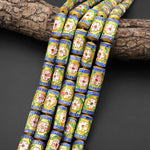 Blue Golden Yellow Cloisonné Beads Long Cylinder Decorative Floral Enamel 15.5" Strand