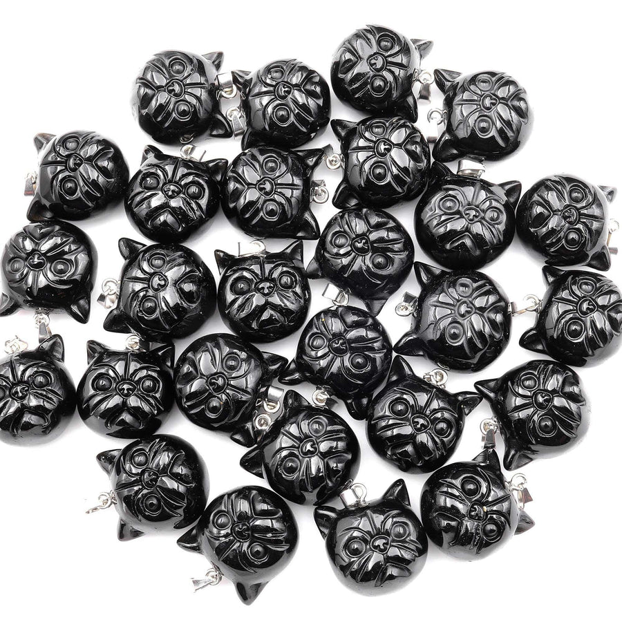 Hand Carved Natural Black Obsidian Cat Head Pendant Gemstone Focal Bead