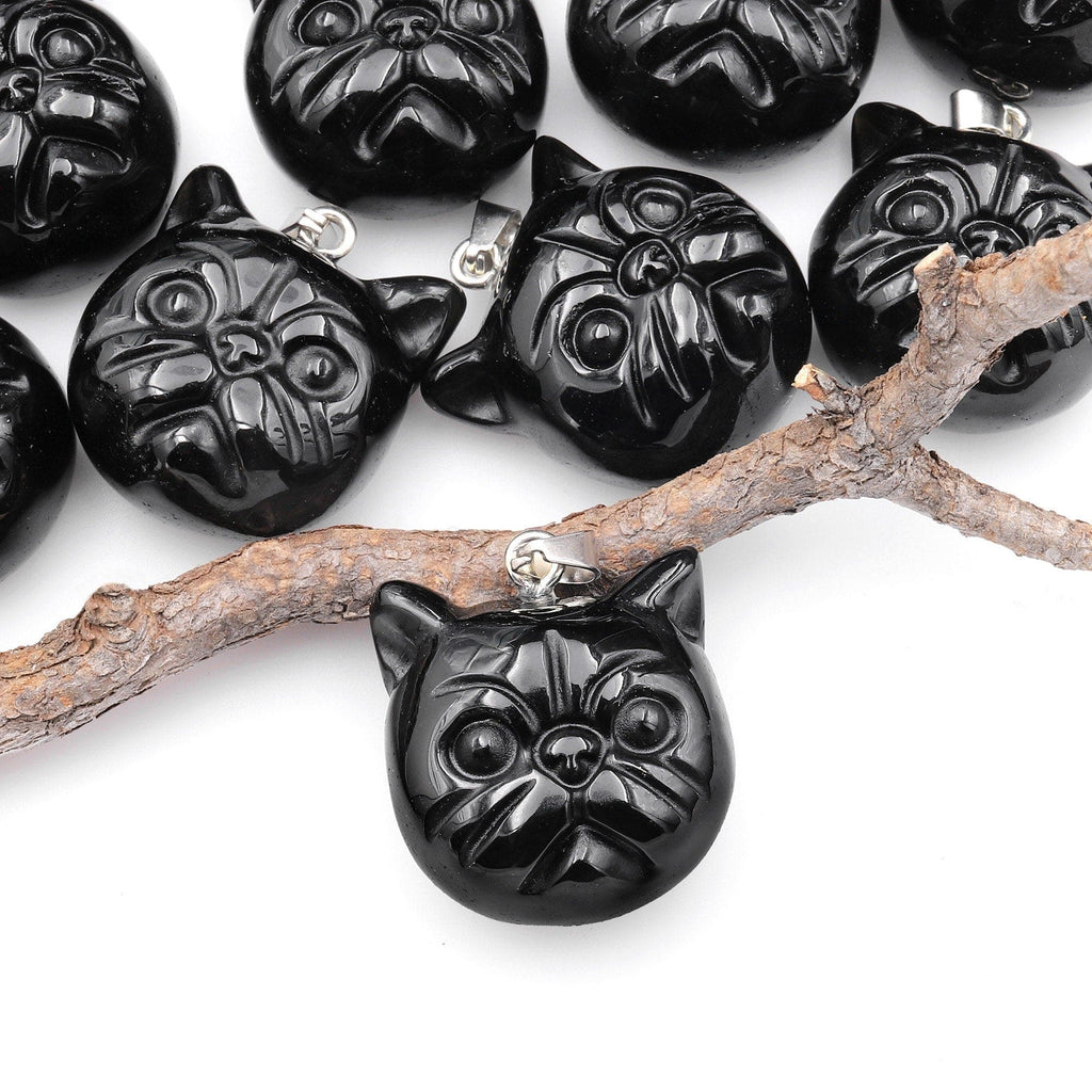 Hand Carved Natural Black Obsidian Cat Head Pendant Gemstone Focal Bead A1