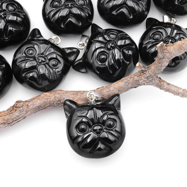 Hand Carved Natural Black Obsidian Cat Head Pendant Gemstone Focal Bead A1