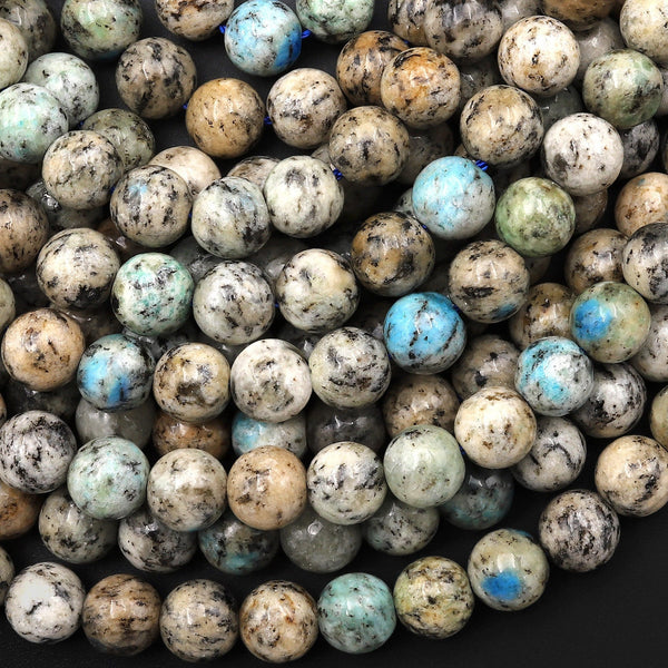 Genuine Natural K2 6mm 8mm Round Beads Blue Azurite in Quartz Granite 15.5" Strand