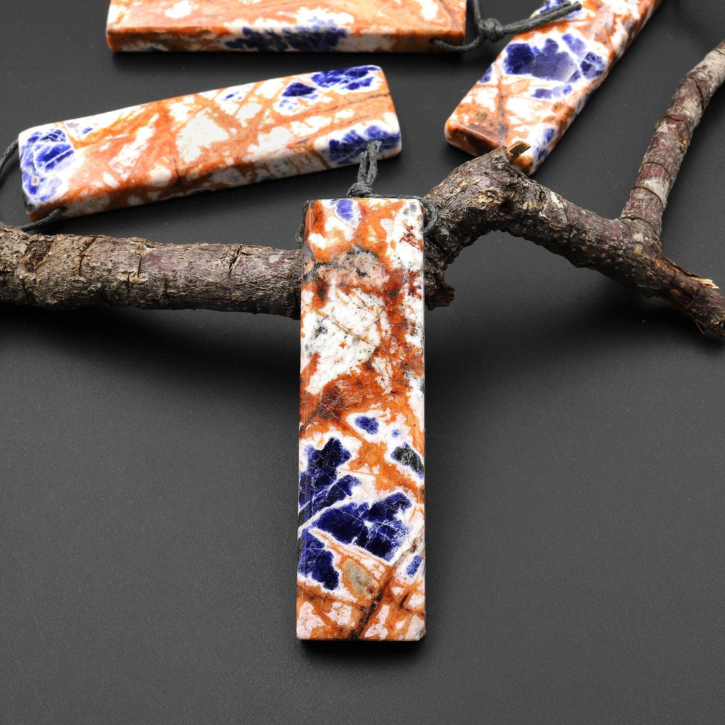 Natural Orange Sodalite Pendant Long Rectangle Side Drilled Gemstone Focal Bead