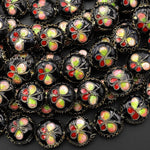 Black Cloisonné Butterfly Coin Beads 15mm Decorative Floral Enamel 15.5" Strand