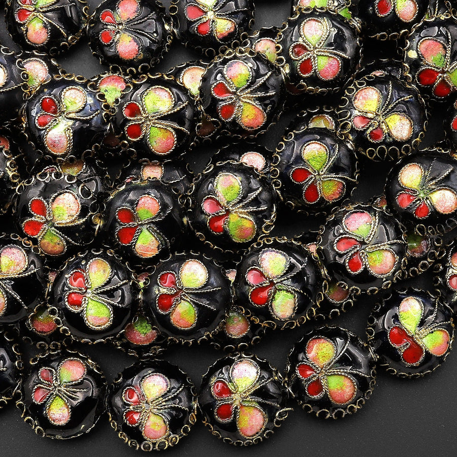 Black Cloisonné Butterfly Coin Beads 15mm Decorative Floral Enamel 15.5" Strand