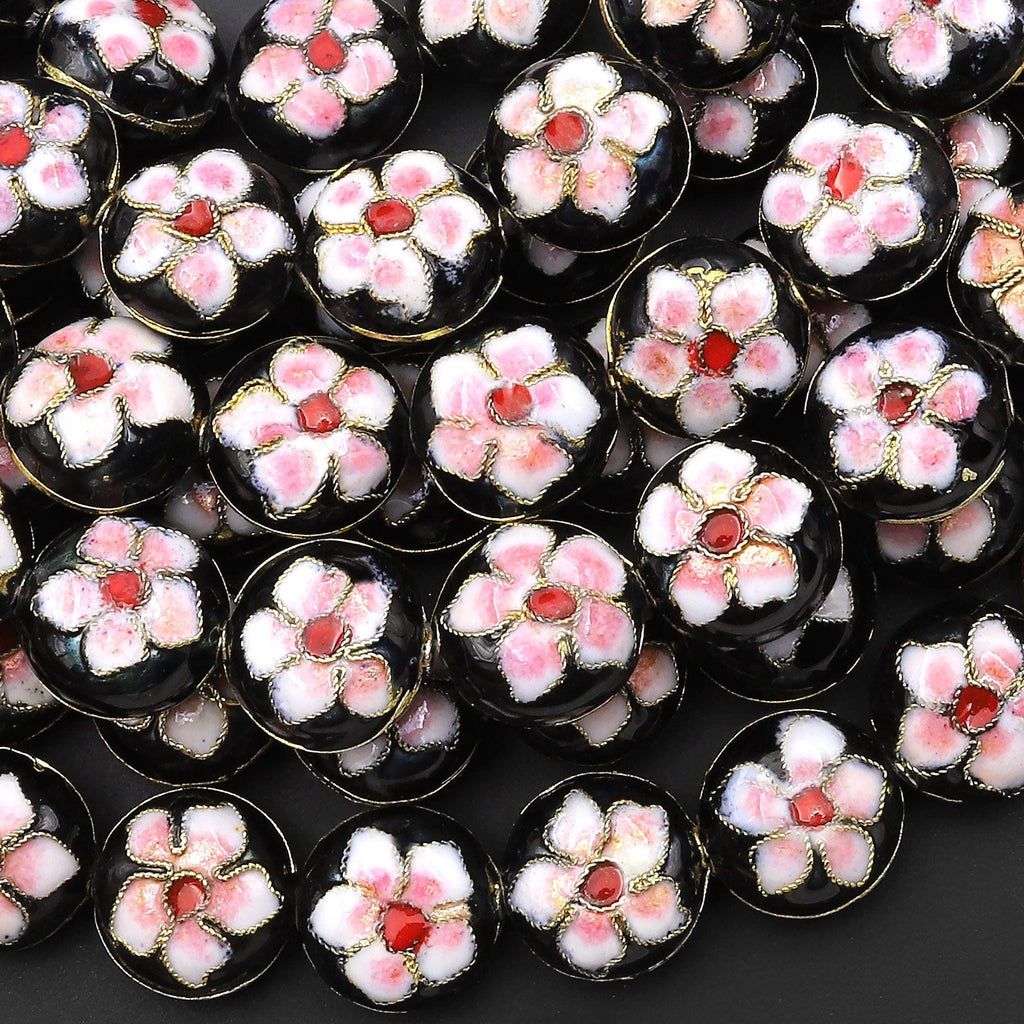 Black Pink Cloisonné Cherry Blossom Flower Coin Beads 13mm Decorative Floral Enamel 15.5" Strand