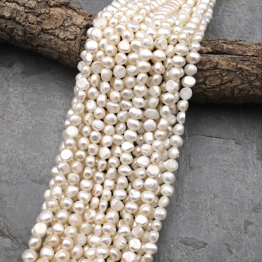 Genuine Natural White Freshwater Pearl 6mm 8mm Center Drilled Nugget Button Pearl 14" Strand