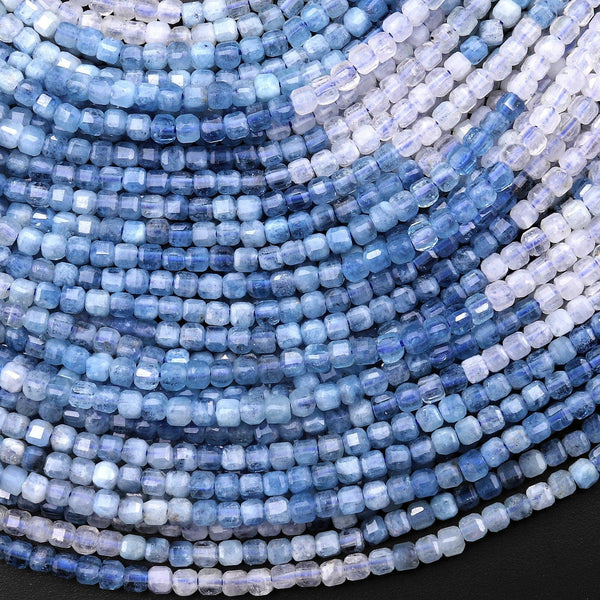 Natural Santa Maria Blue Aquamarine Faceted 2mm 3mm Cube Beads Ombre Shades 15.5" Strand