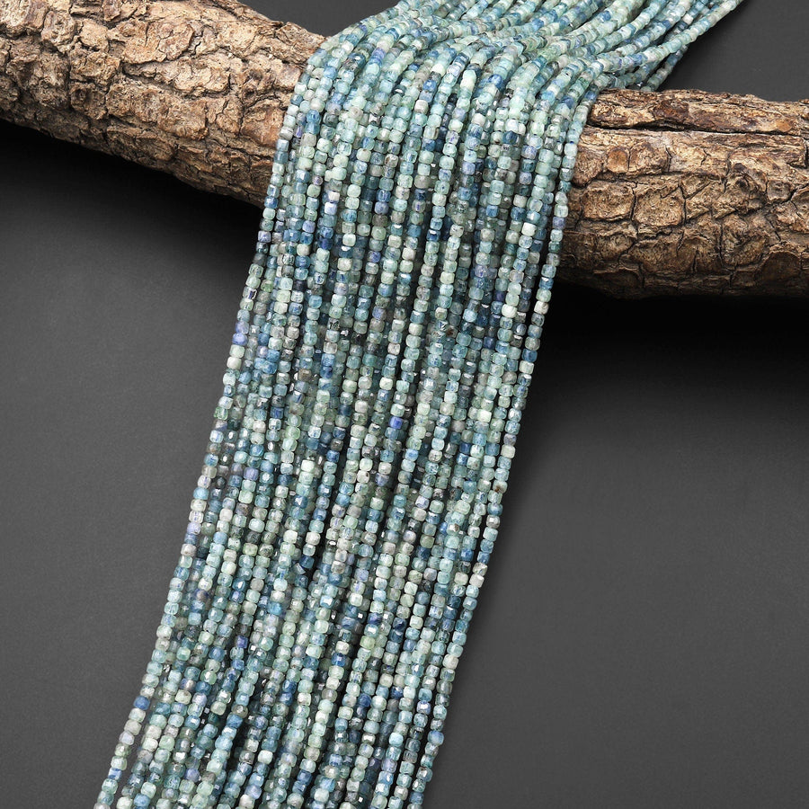 Natural Bicolor Green Blue Kyanite Faceted 2mm Cube Beads Gemstone 15.5" Strand