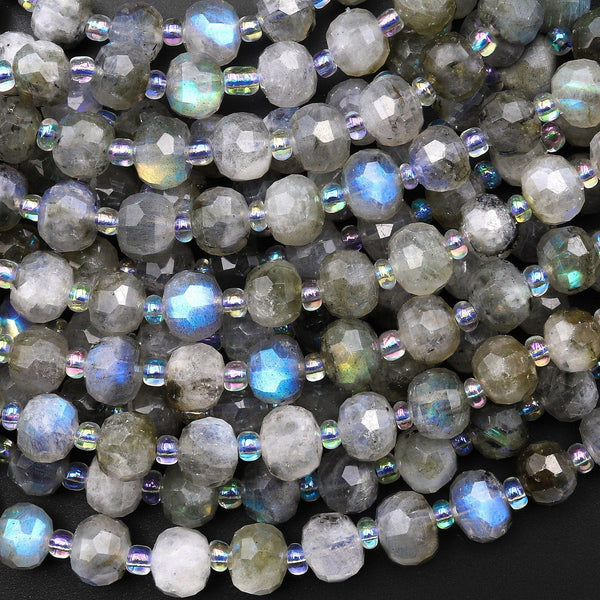 Faceted Natural Labradorite 7mm 8mm Rounded Rondelle Beads Lots of Fire Flashes 15.5" Strand