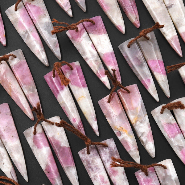 Natural Pink Tourmaline in Quartz Earring Pair Matched Dagger Triangle Shape Drilled Gemstone