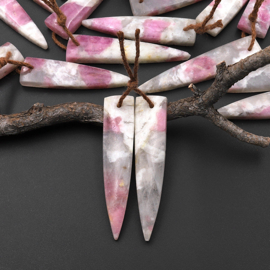 Natural Pink Tourmaline in Quartz Earring Pair Matched Dagger Triangle Shape Drilled Gemstone