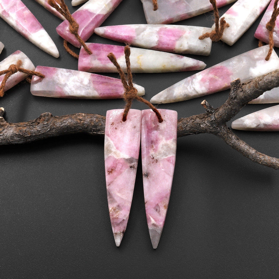 Natural Pink Tourmaline in Quartz Earring Pair Matched Dagger Triangle Shape Drilled Gemstone