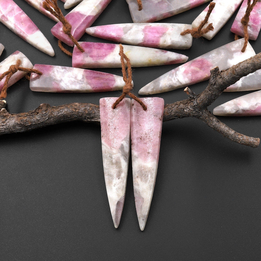 Natural Pink Tourmaline in Quartz Earring Pair Matched Dagger Triangle Shape Drilled Gemstone A2