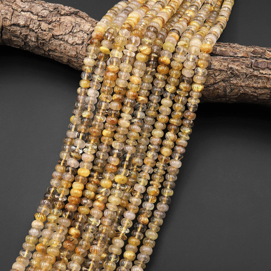 Natural Golden Rutile Quartz Rondelle 6mm 8mm Beads Tons of Sharp Rutile Hair Needle 15.5" Strand