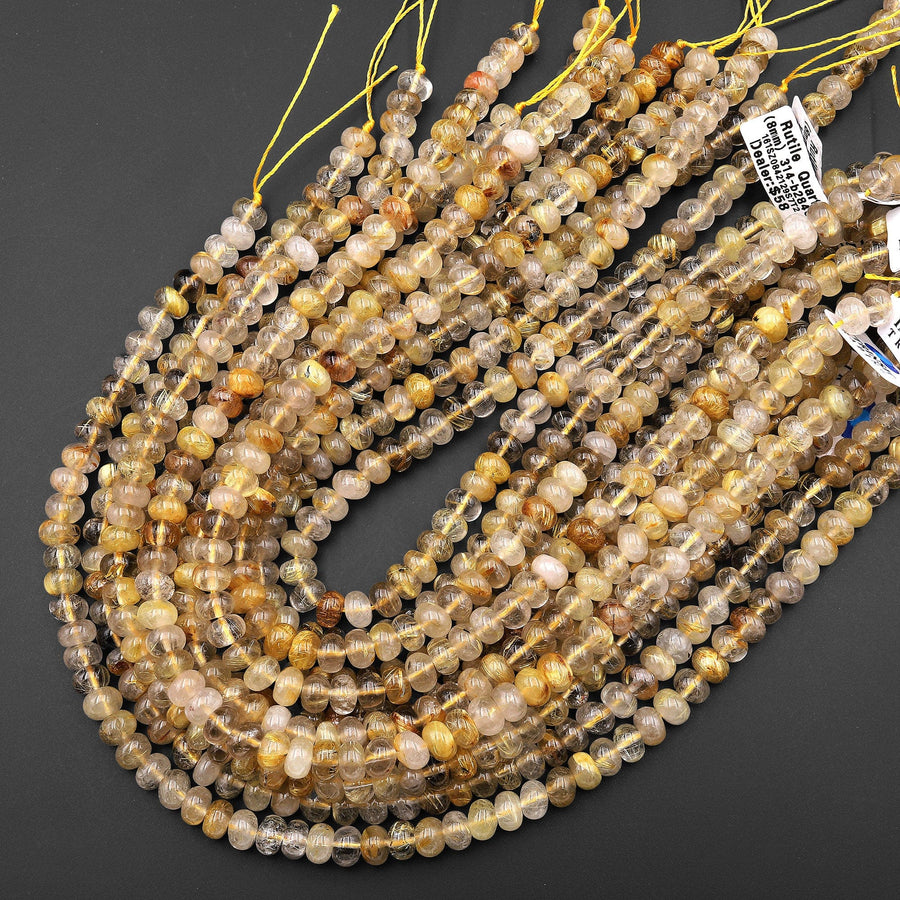 Natural Golden Rutile Quartz Rondelle 6mm 8mm Beads Tons of Sharp Rutile Hair Needle 15.5" Strand