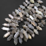 Natural Grey Moonstone Faceted Double Terminated Point Top Side Drilled Focal Pendant Beads 15.5" Strand