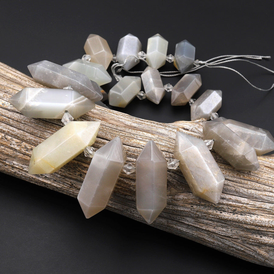 Natural Grey Moonstone Faceted Double Terminated Point Top Side Drilled Focal Pendant Beads 15.5" Strand