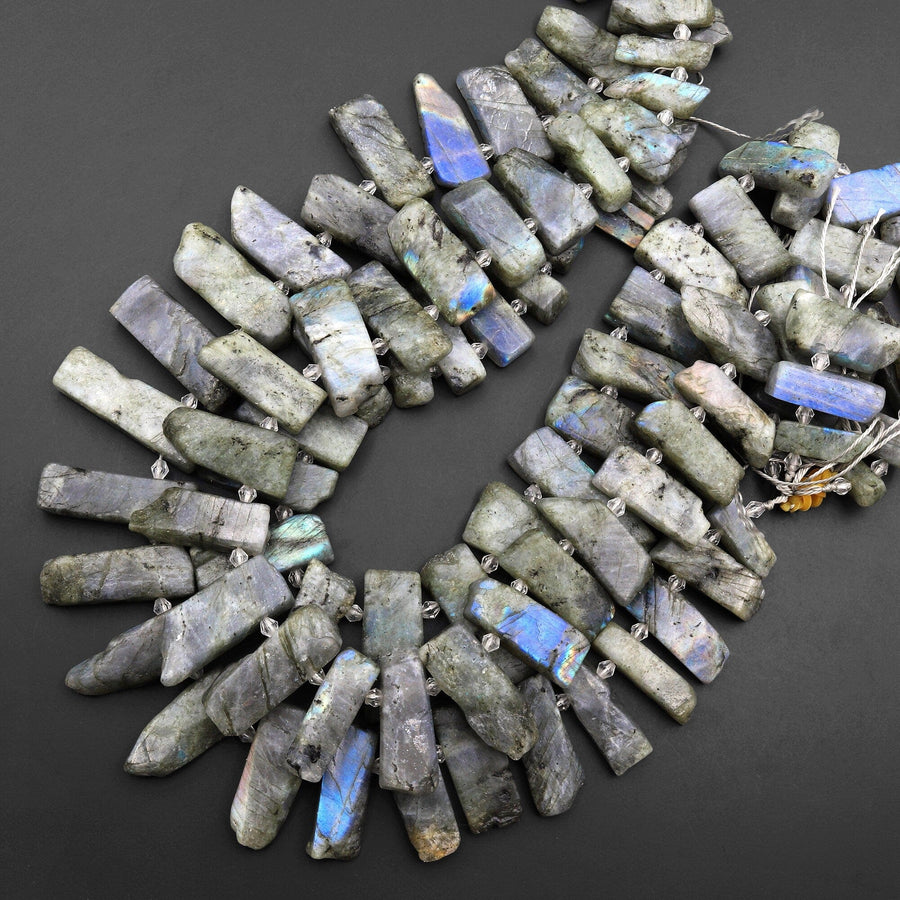 Matte Natural Labradorite Rectangle Rectangular Beads Spike Stick Slice Focal Pendant Cleopatra Style Fan Shaped 15.5" Strand