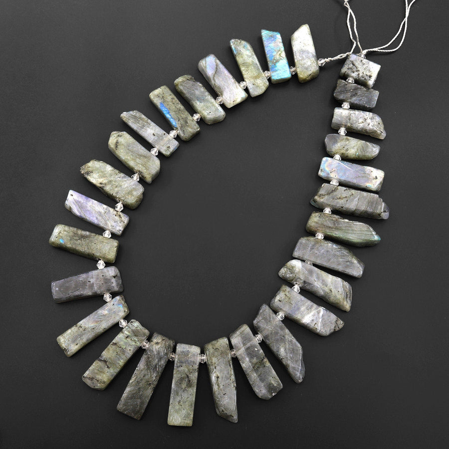 Natural Labradorite Rectangle Rectangular Beads Spike Stick Slice Focal Pendant Cleopatra Style Fan Shaped 15.5" Strand