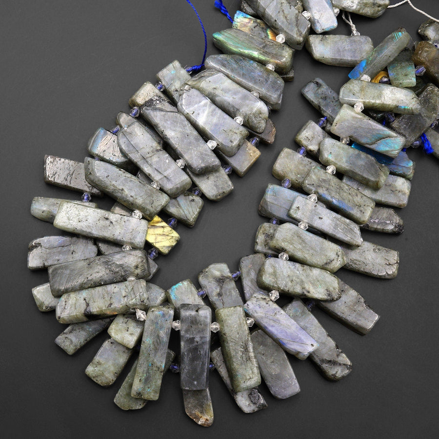 Natural Labradorite Rectangle Rectangular Beads Spike Stick Slice Focal Pendant Cleopatra Style Fan Shaped 15.5" Strand