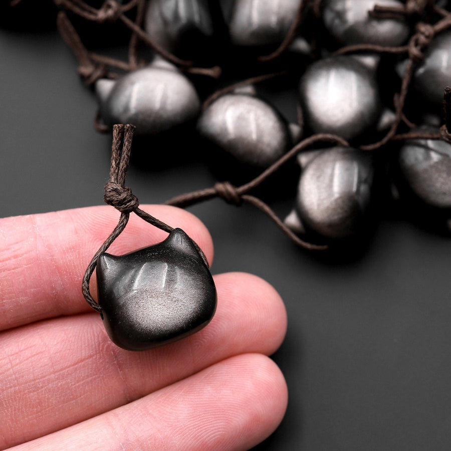 AAA Carved Natural Silver Obsidian Kitty Cat Face Pendant Side Drilled Gemstone Focal Bead