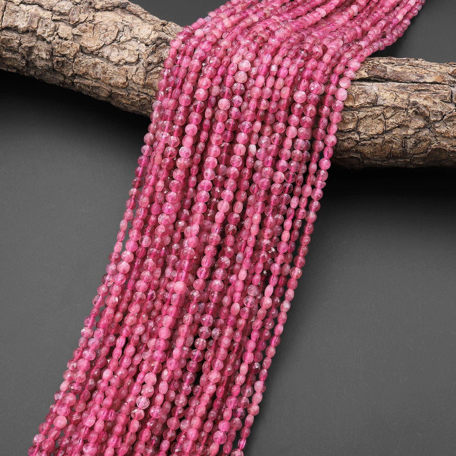 AAA Faceted Natural Pink Tourmaline 4mm Coin Beads Gemstone 15.5" Strand