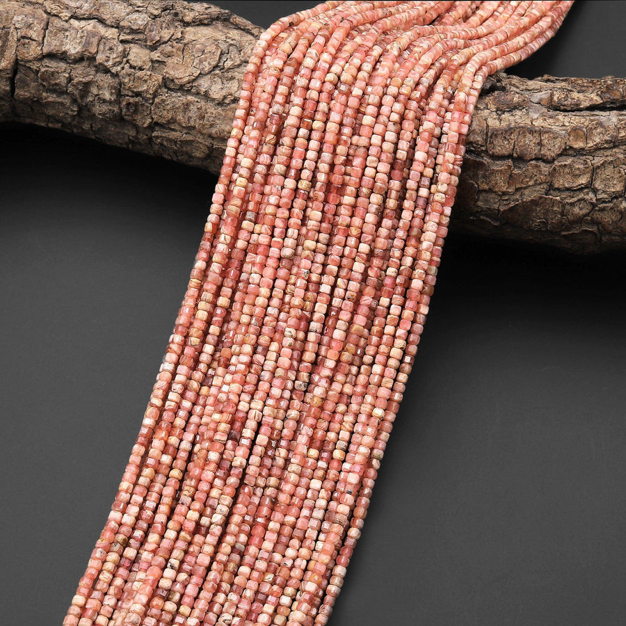 Natural Pink Rhodochrosite Faceted 2mm Cube Gemstone Beads 15.5" Strand