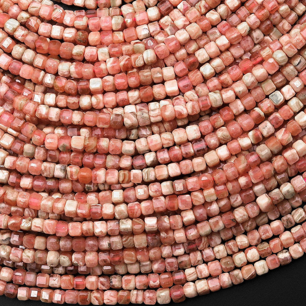 Natural Pink Rhodochrosite Faceted 2mm Cube Gemstone Beads 15.5" Strand