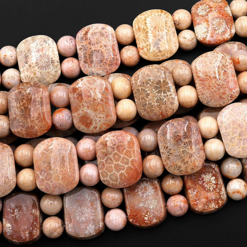 Double Drilled Natural Pink Beige Gray Fossil Coral Curved Rectangle Bracelet Gemstone Beads 8" Strand