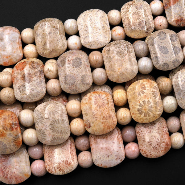 Double Drilled Natural Soft Beige Gray Fossil Coral Curved Rectangle Bracelet Gemstone Beads 8" Strand