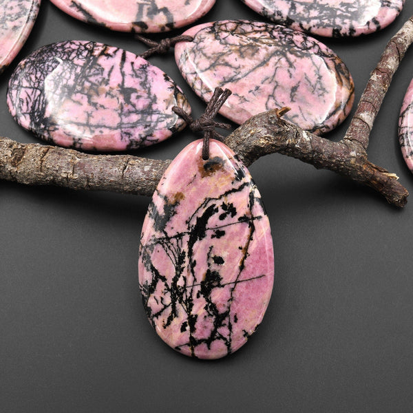 Natural Pink Rhodonite Pendant Black Matrix FreeformTeardrop Shape Pendant A3