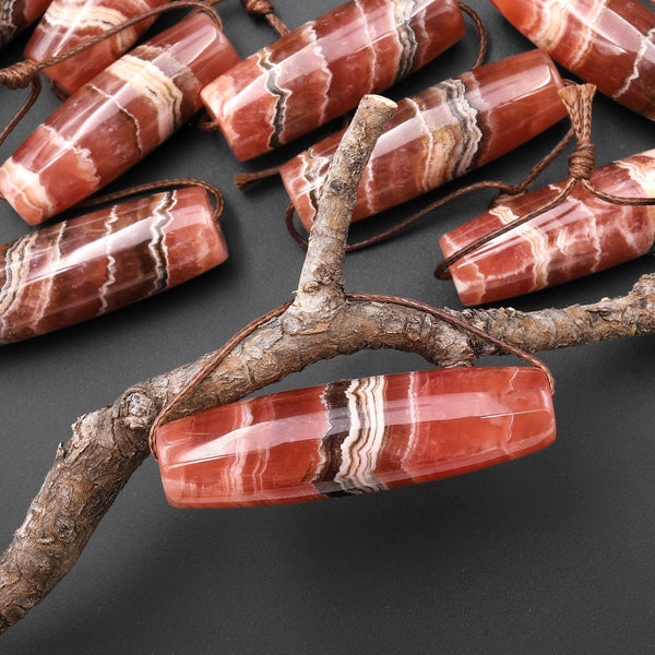 Rare AAA Natural Red Rhodochrosite Black Iron Matrix "Dzi" Focal Bead Pendant A1