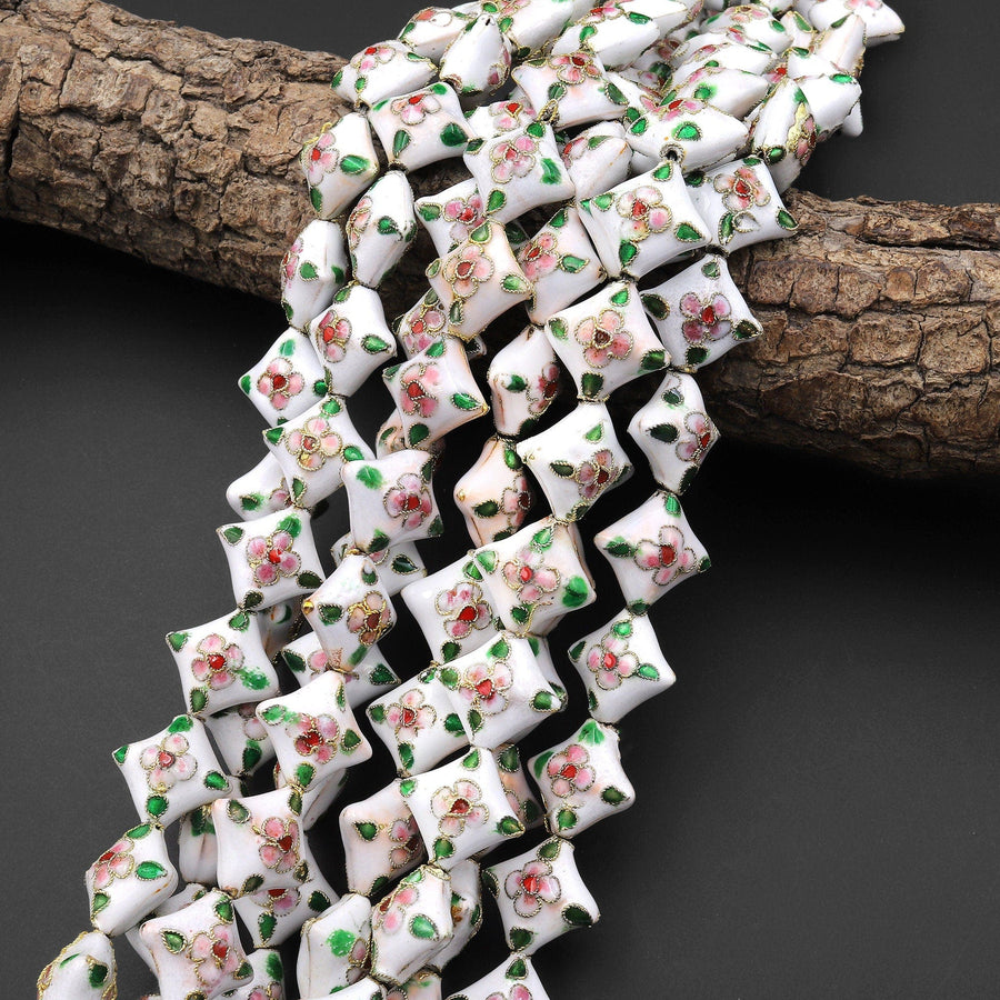 White Pink Green Cloisonné Diamond Beads 16mm Decorative Floral Enamel 15.5" Strand