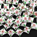 White Pink Green Cloisonné Diamond Beads 16mm Decorative Floral Enamel 15.5" Strand