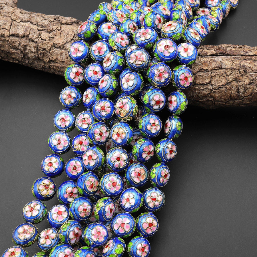 Hand Made Vibrant Blue Green Pink Cloisonné Coin Beads 14mm Decorative Floral Copper Enamel 15.5" Strand