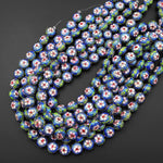 Hand Made Vibrant Blue Green Pink Cloisonné Coin Beads 14mm Decorative Floral Copper Enamel 15.5" Strand