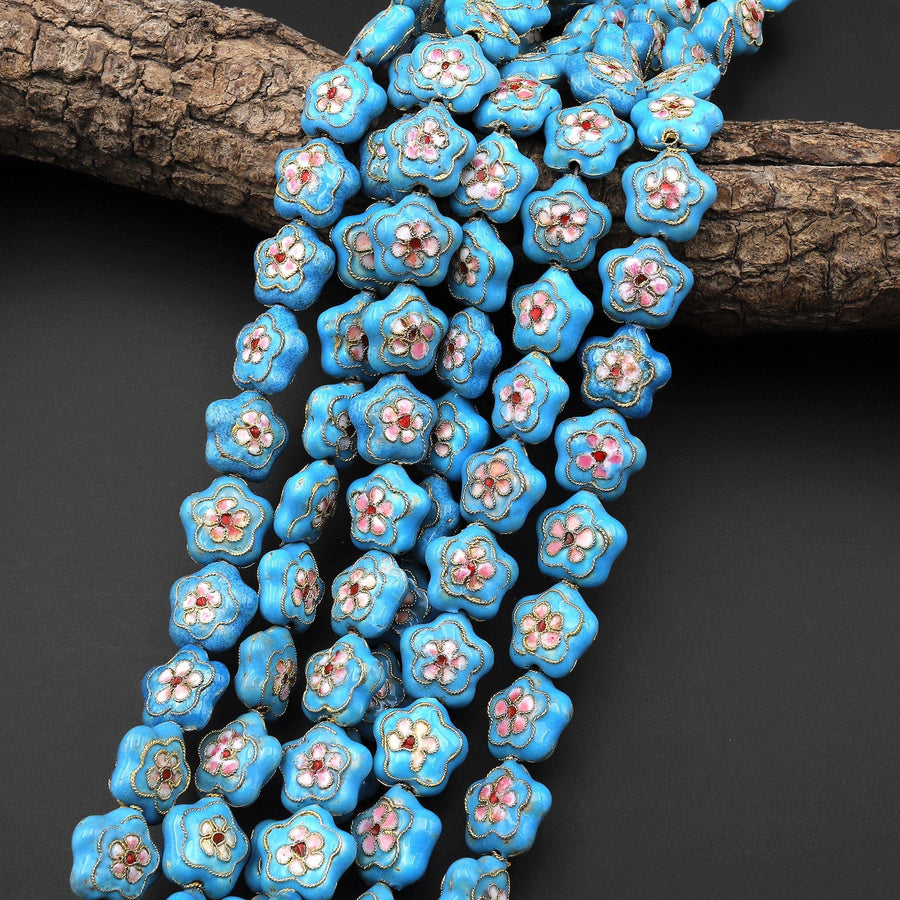 Blue Pink Cherry Blossom Cloisonné Diamond Beads 16mm Decorative Floral Copper Enamel 15.5" Strand