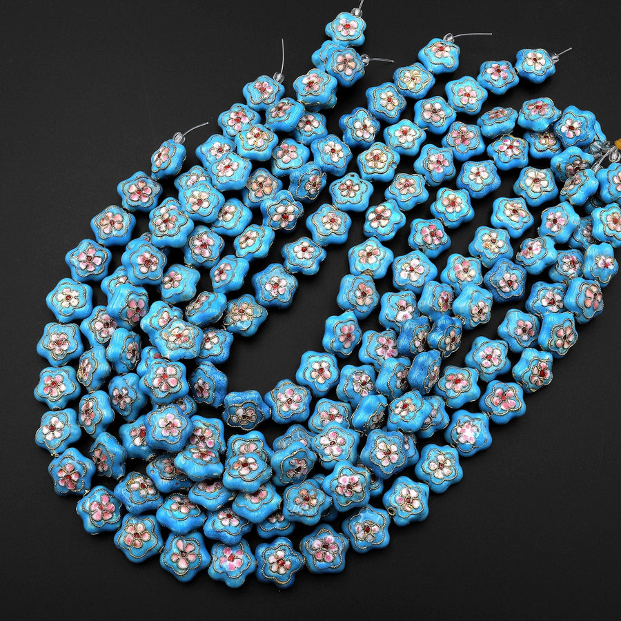 Blue Pink Cherry Blossom Cloisonné Diamond Beads 16mm Decorative Floral Copper Enamel 15.5" Strand