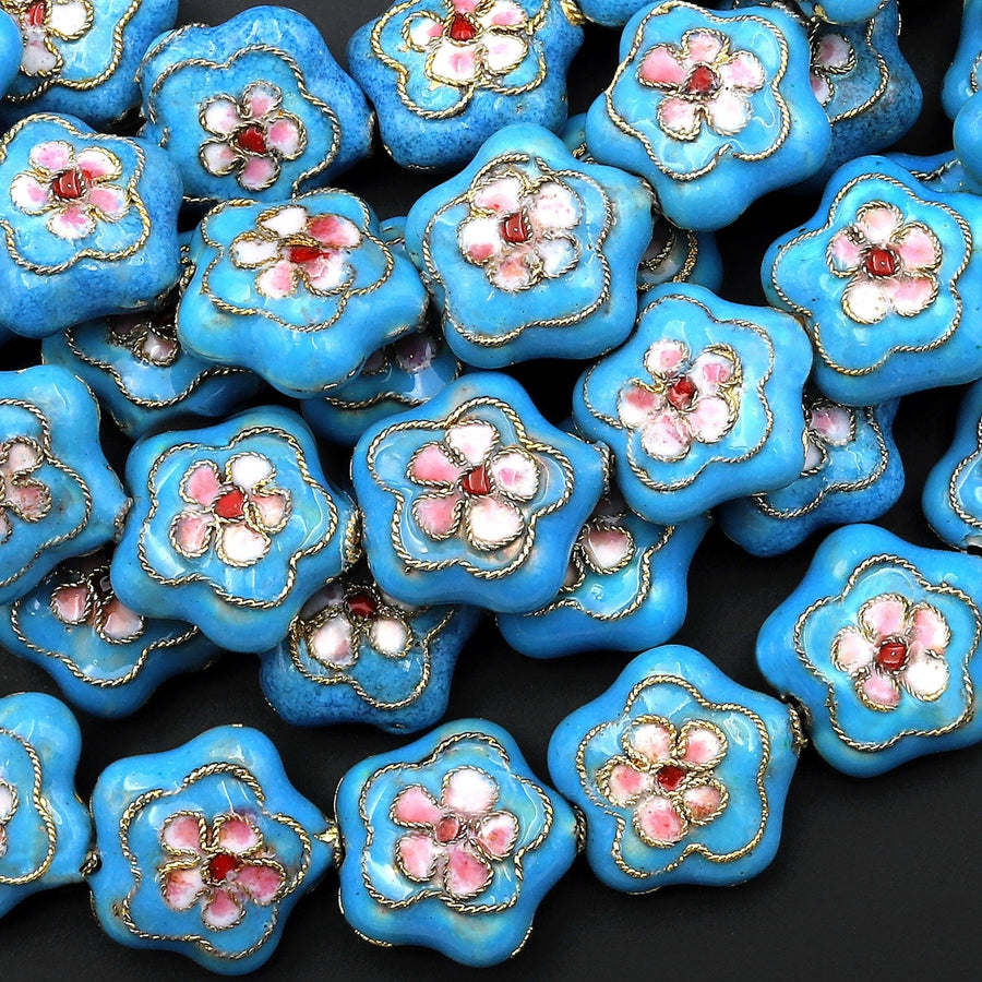 Blue Pink Cherry Blossom Cloisonné Diamond Beads 16mm Decorative Floral Copper Enamel 15.5" Strand