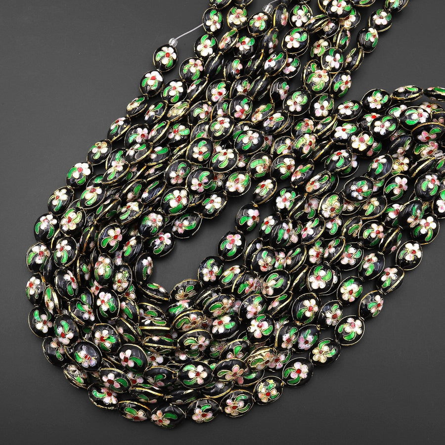 Black Pink Green Gold Cloisonné Beads Oval Decorative Floral Enamel 15.5" Strand