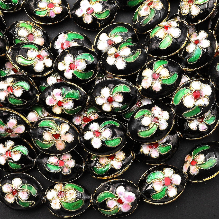 Black Pink Green Gold Cloisonné Beads Oval Decorative Floral Enamel 15.5" Strand