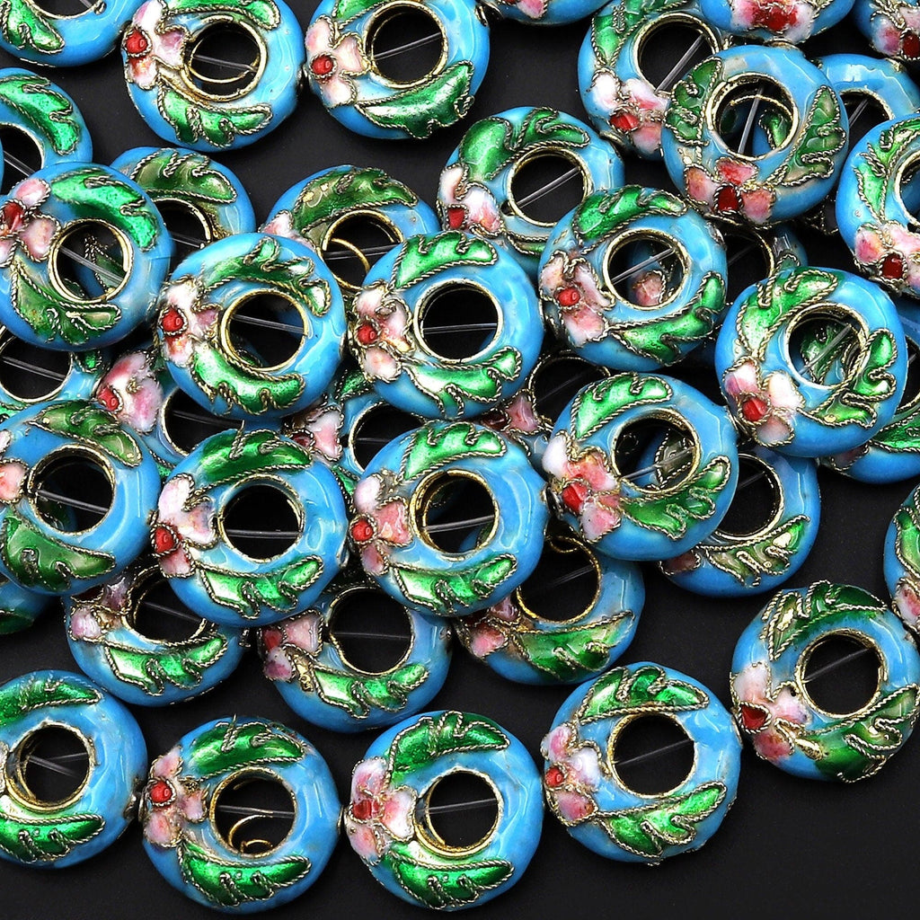 Hand Made Blue Green Pink Cloisonné Donut Beads 15mm Decorative Floral Enamel Antique Vintage Look 15.5" Strand