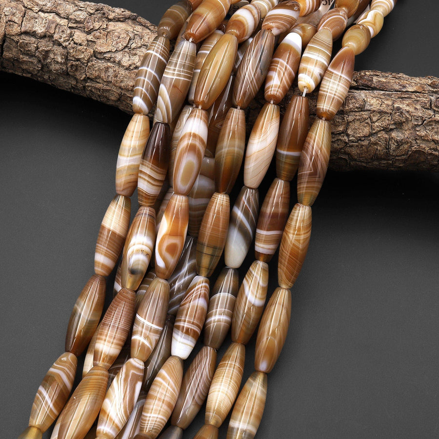 Natural Light Caramel Brown Tibetan Agate Beads Long Barrel Cylinder 30x10mm 15.5" Strand