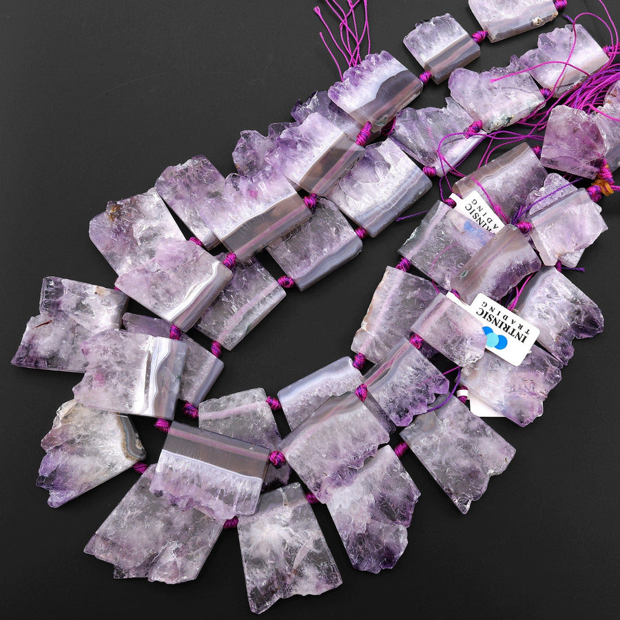 Natural Purple Amethyst Stalactite Slice Pendant Beads Side Drilled Rectangle Gemstone 15.5" Strand