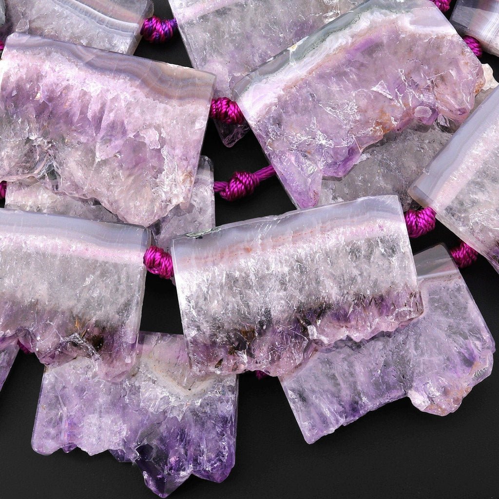 Natural Purple Amethyst Stalactite Slice Pendant Beads Side Drilled Rectangle Gemstone 15.5" Strand