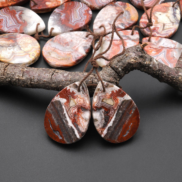 Natural Laguna Lace Agate Flat Teardrop Earring Drilled Matched Gemstone Bead Pair A3