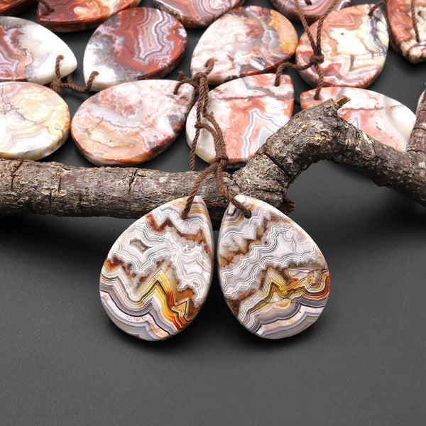 Natural Laguna Lace Agate Flat Teardrop Earring Drilled Matched Gemstone Bead Pair A4