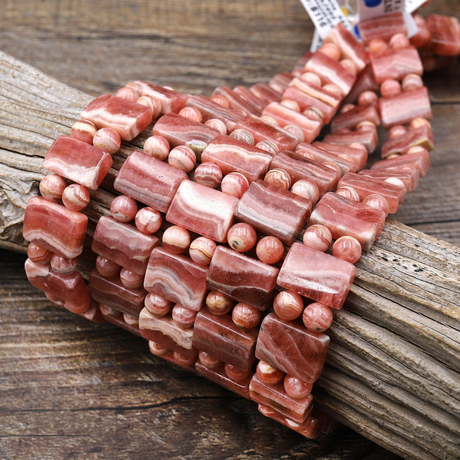 AAA Double Drilled Natural Red Pink Rhodochrosite 14x10mm Rectangle Bracelet Gemstone Beads 8" Strand